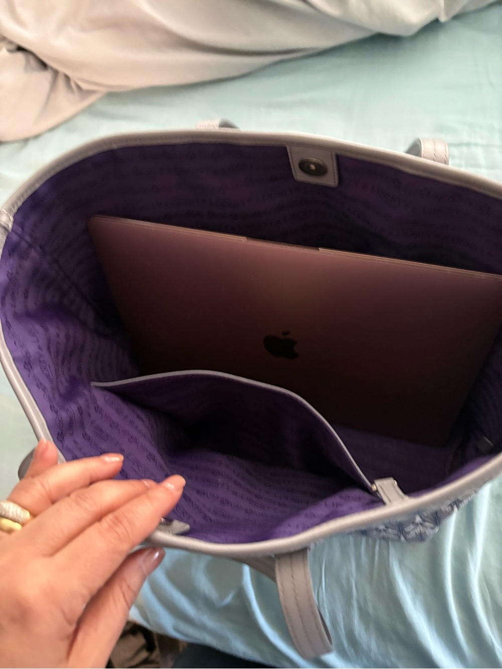 Liberty of London Iphis Gray Pattern Tote with Navy Pattern and Purple Interior - Picture 12 of 12